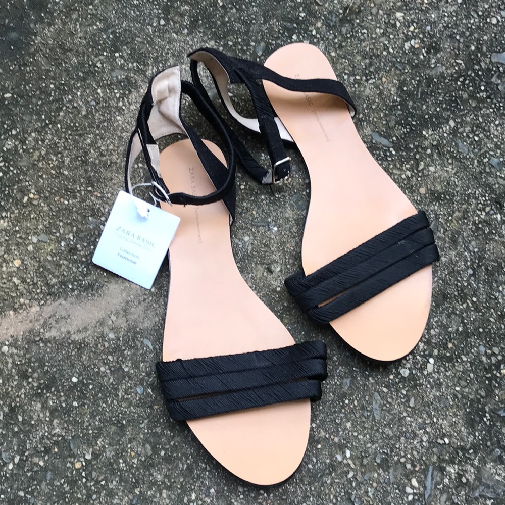 Zara Black Strappy Flat  Sandals with suede backs